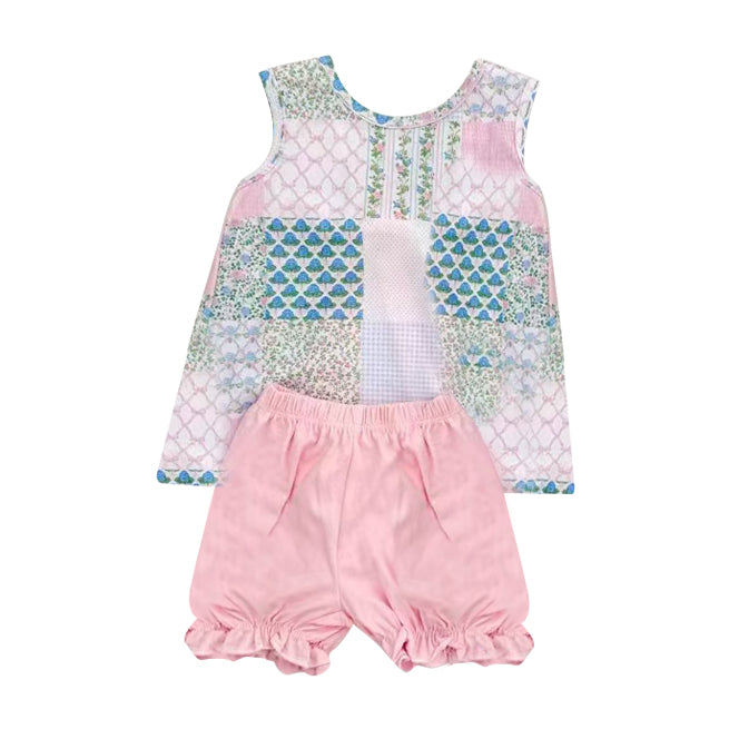 preorder GSSO2731 cute flowers floral sleeveless pink shorts girls set