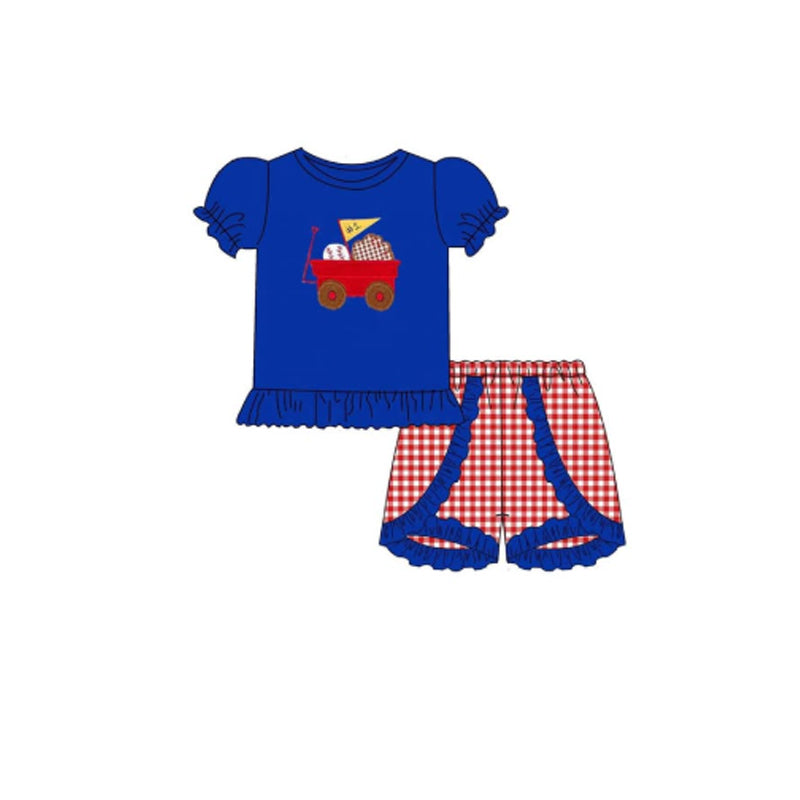 preorder GSSO2734 play baseball blue short sleeve red checkered shorts girls set