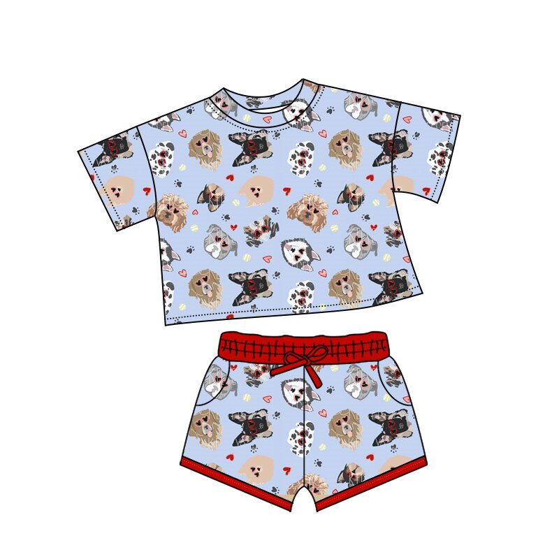 preorder GSSO2736 Valentine's Day dog heart blue short sleeve shorts girls set