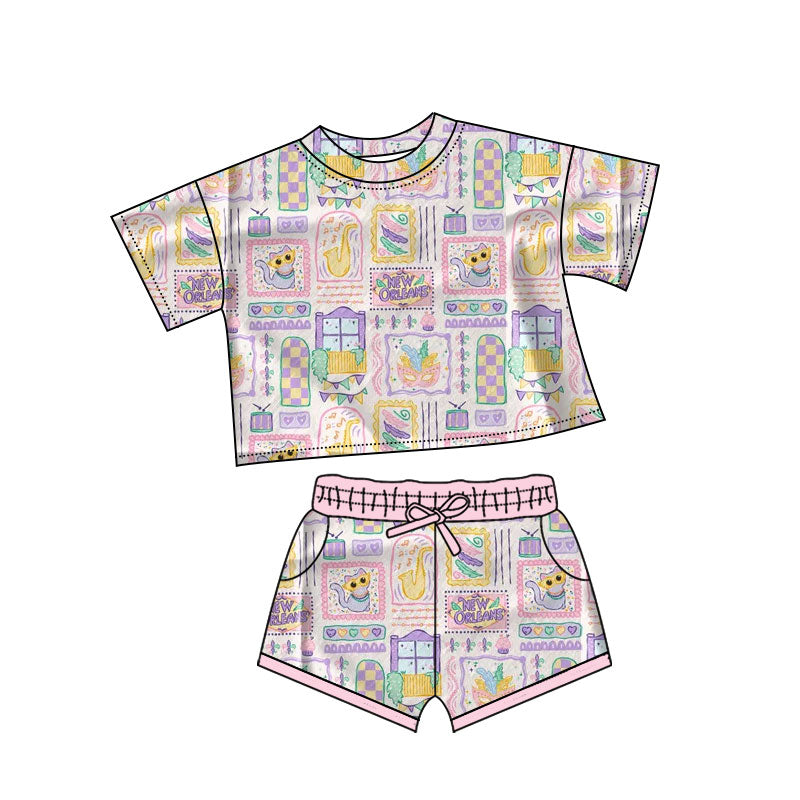 preorder GSSO2742 Mardi Gras cake pink short sleeve shorts girls set