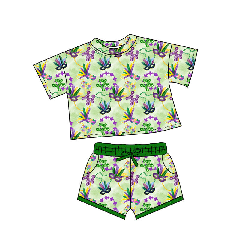 preorder GSSO2743 Mardi Gras mask clover green short sleeve shorts girls set