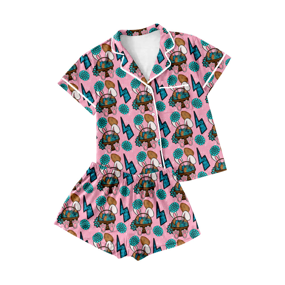 preorder GSSO2747 Western Easter rabbit turquoise pink short sleeve shorts adult women pajamas