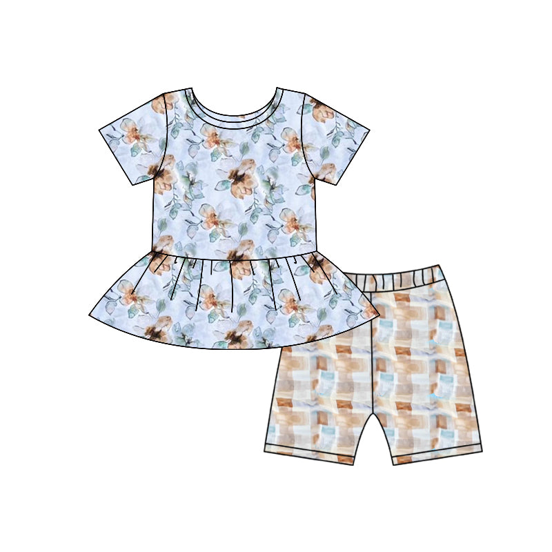 preorder GSSO2748 pink flowers blue short sleeve shorts girls set