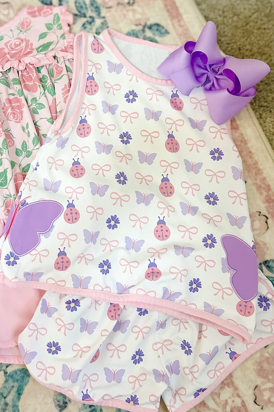 preorder GSSO2760 pink bows butterfly ladybird sleeveless shorts girls set