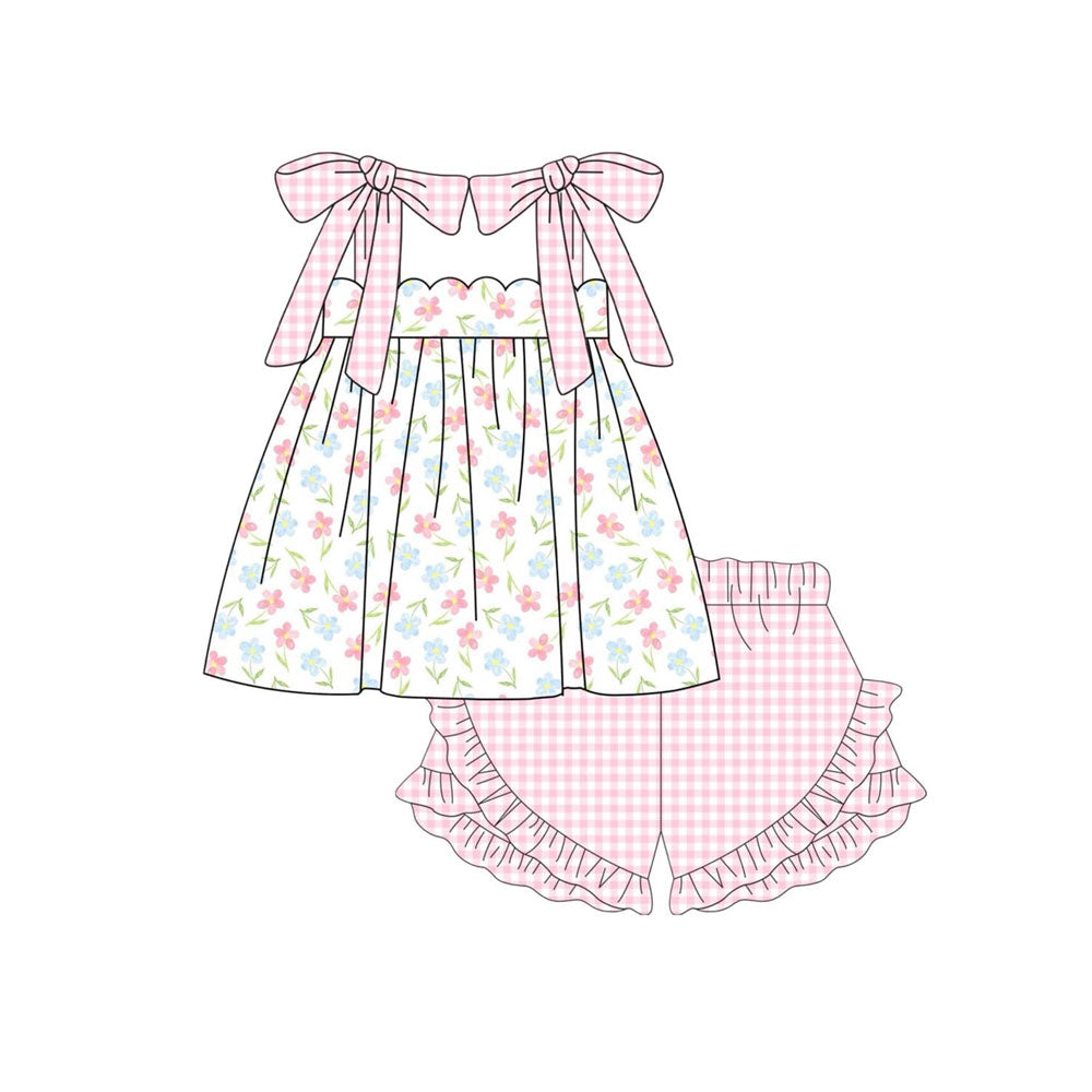 preorder GSSO2764 pink blue flowers bows pink checkered shorts girls set