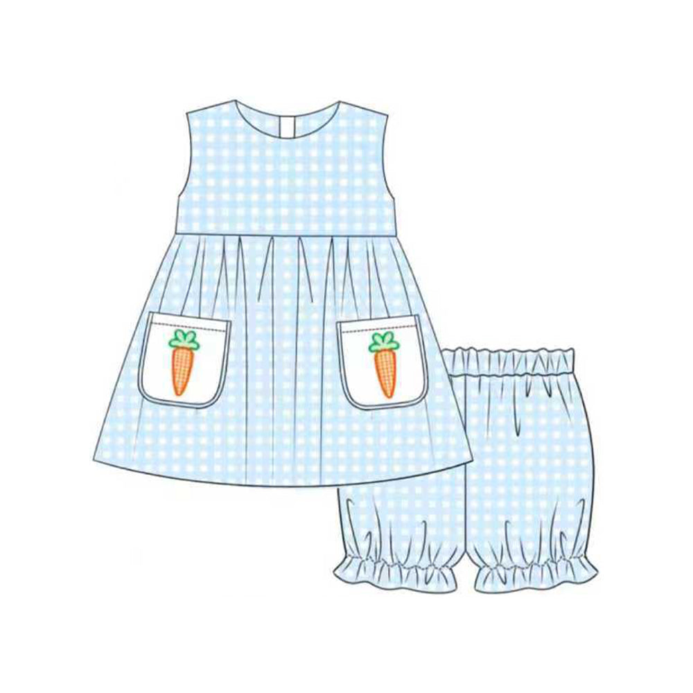preorder GSSO2773 Easter carrot pockets blue checkered sleeveless shorts girls set