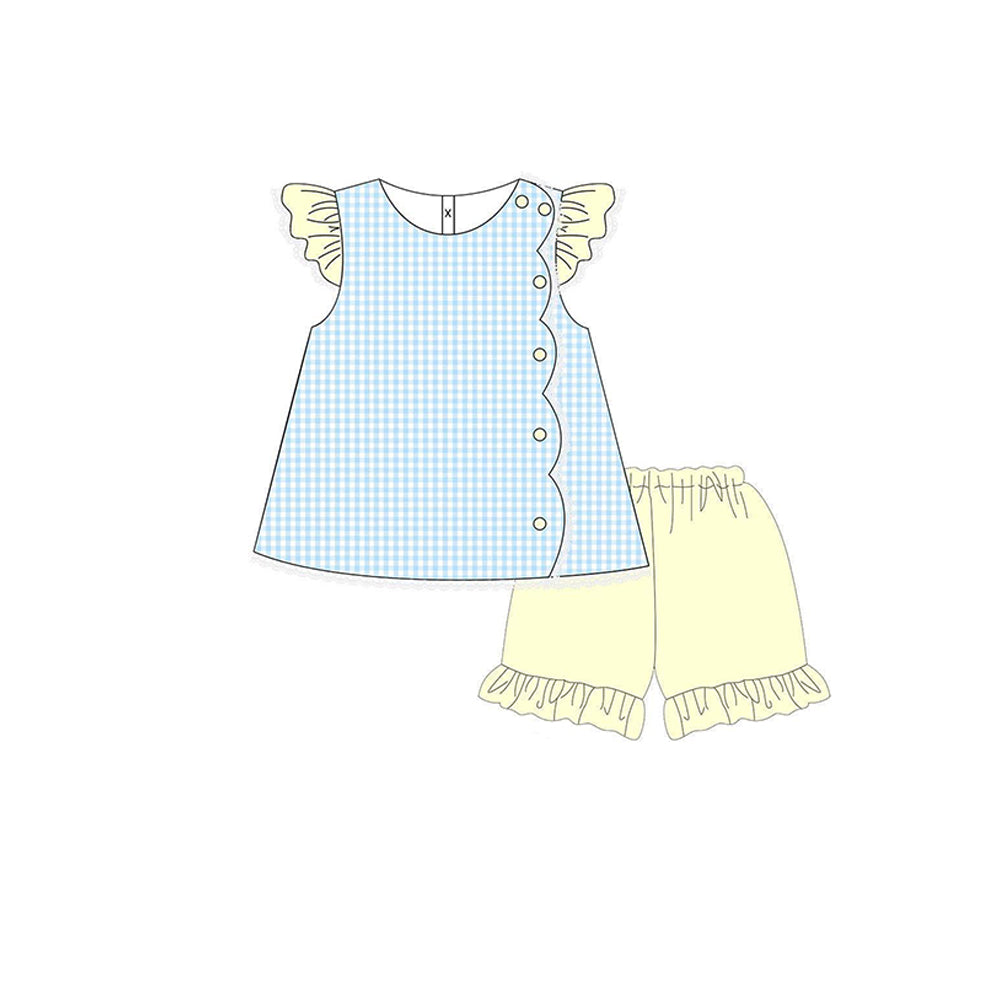 preorder GSSO2775 blue checkered flutter sleeve yellow shorts girls set