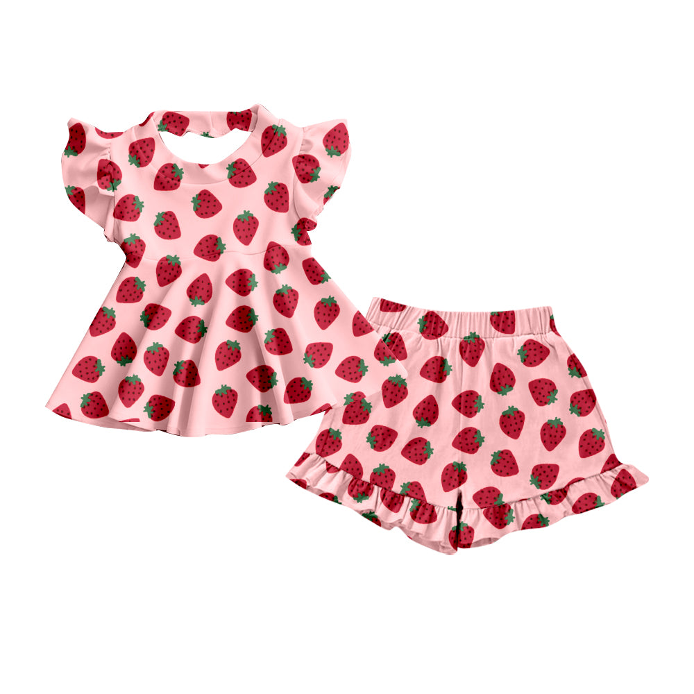 preorder GSSO2788 cute strawberry pink flutter sleeve shorts girls set