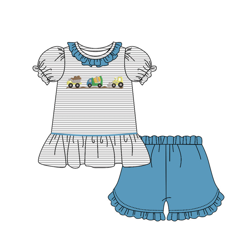 preorder GSSO2790 construction truck short sleeve blue shorts girls set