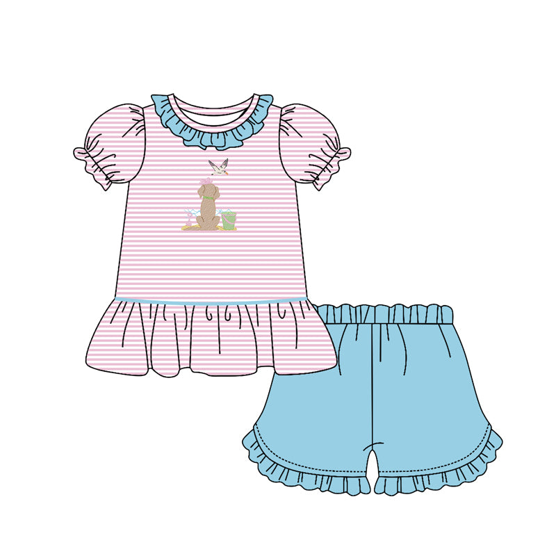 preorder GSSO2794 cute dog mallard pink striped short sleeve blue shorts girls set