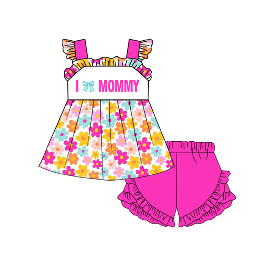 preorder GSSO2801 i love mommy bows flowers flutter sleeve hot pink shorts girls set