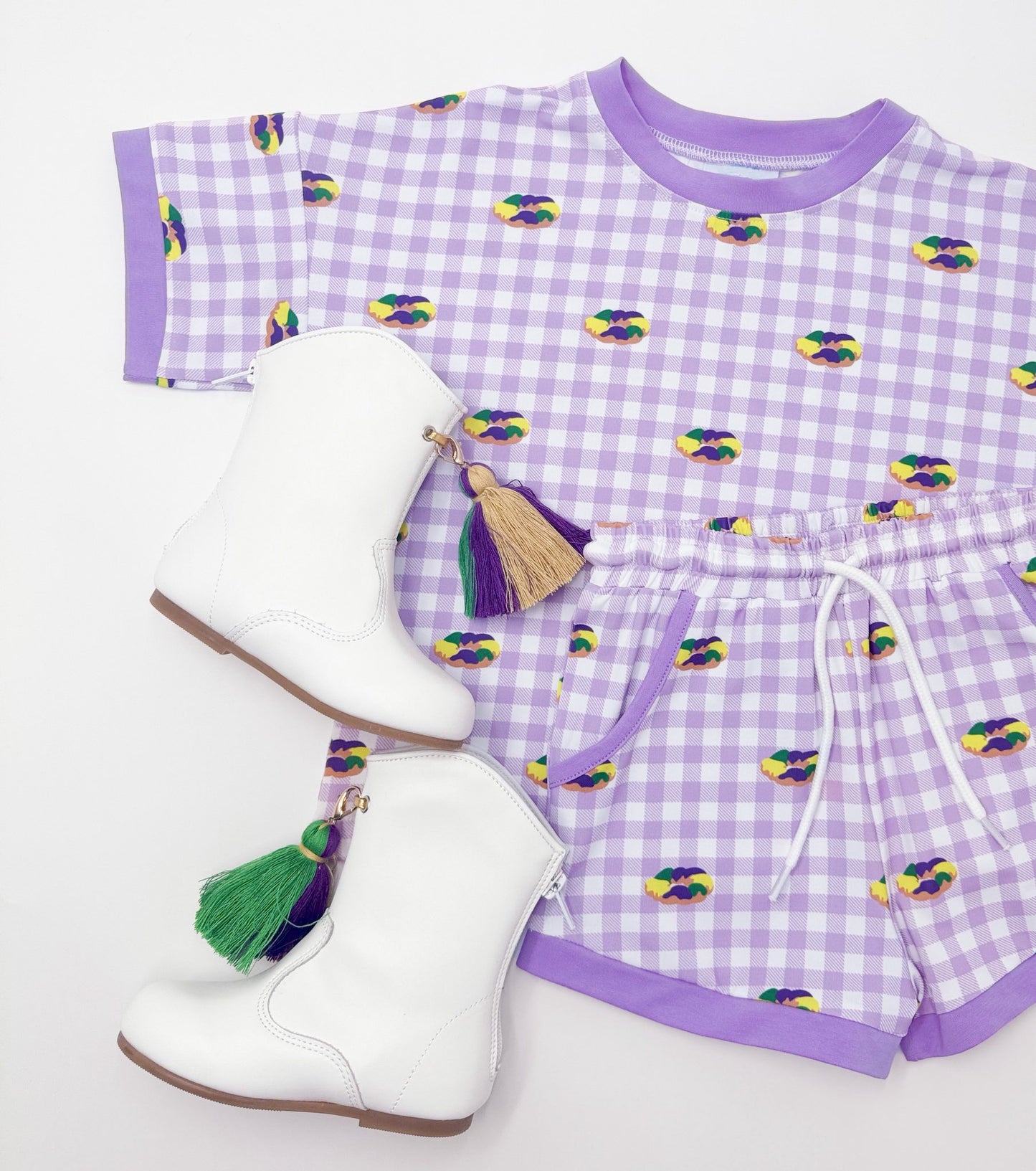 preorder GSSO2814 Mardi Gras Dount Purple Checkered Short Sleeve Shorts Girls Set