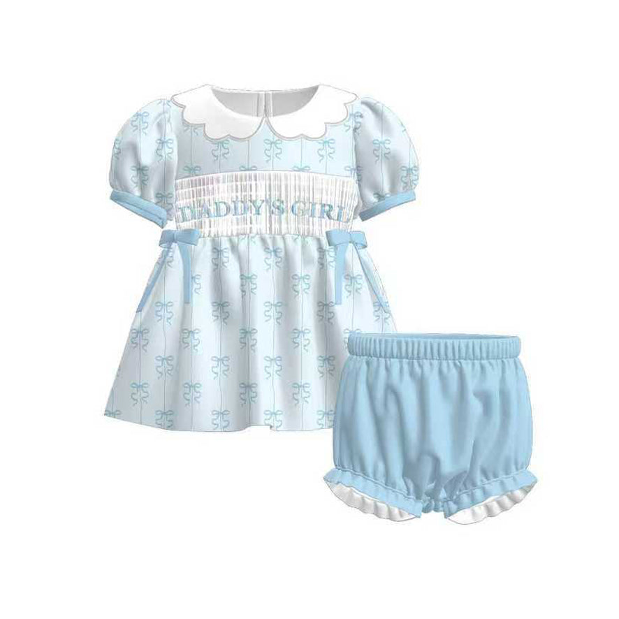 preorder GSSO2832 Daddy's Girl Blue Bows Short Sleeve Blue Shorts Girls Set