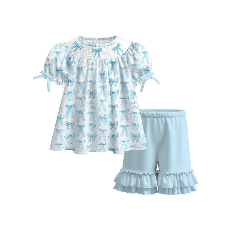 preorder GSSO2833 Mint Green Bows Short Sleeve Shorts Girls Set
