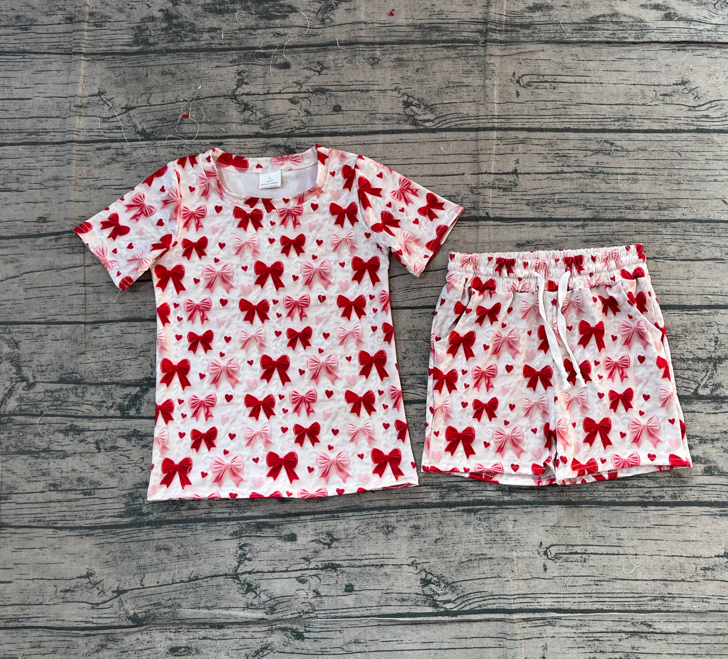 preorder samples GSSO2835 Valentine's Day Red Pink Heart Bows Short Sleeve Shorts Girls Set