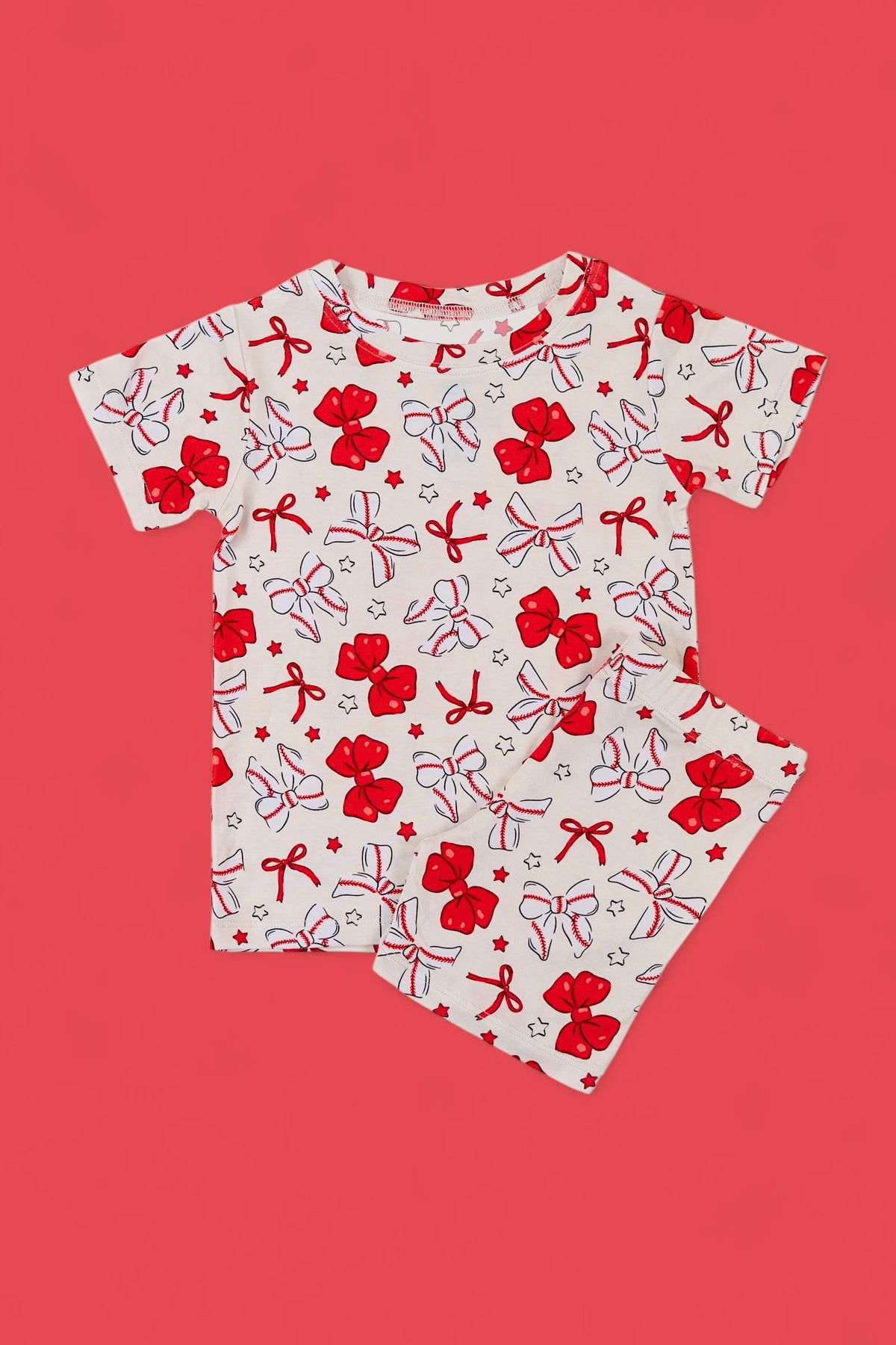 preorder GSSO2847 Red Baseball Bows Short Sleeve Shorts Girls Set