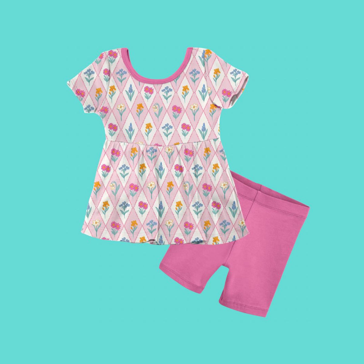 preorder GSSO2853 Flowers Pink Short Sleeve Hot Pink Shorts Girls Set