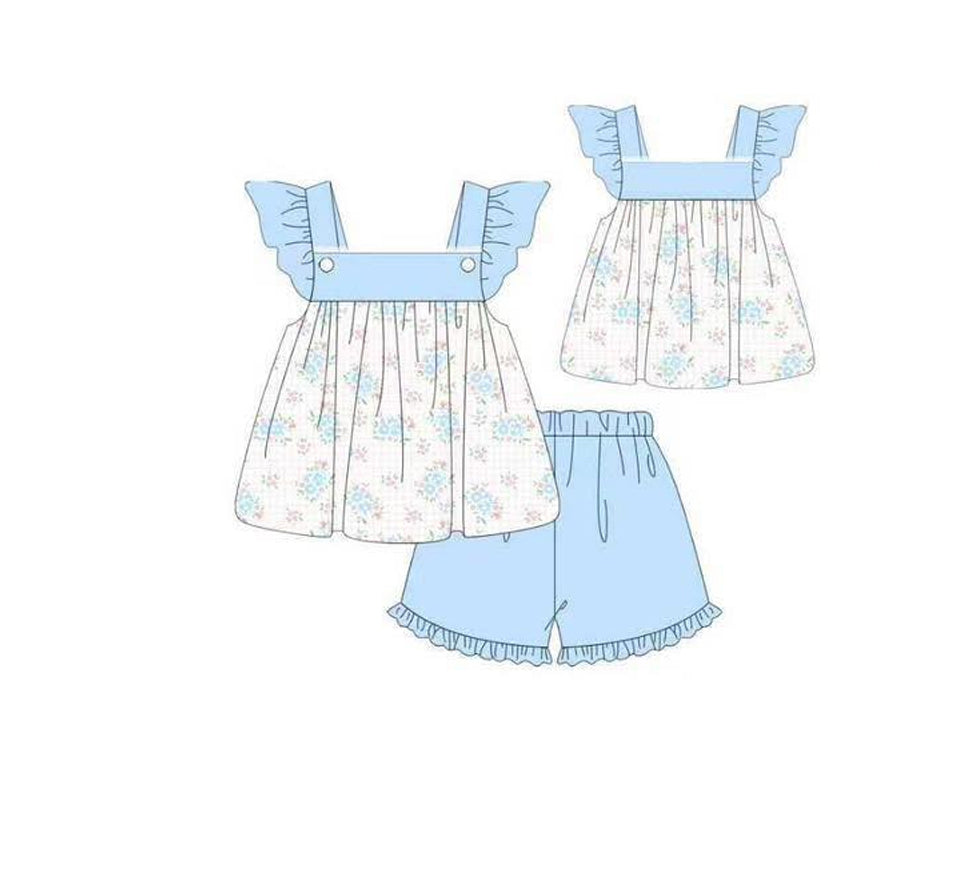 preorder GSSO2869 Flowers Floral Flutter Sleeve Blue Shorts Girls Set