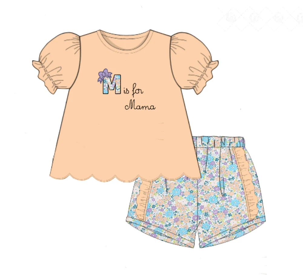 preorder GSSO2877 M is far cllama Orange Short Sleeve Flowerts Shorts Girls Set