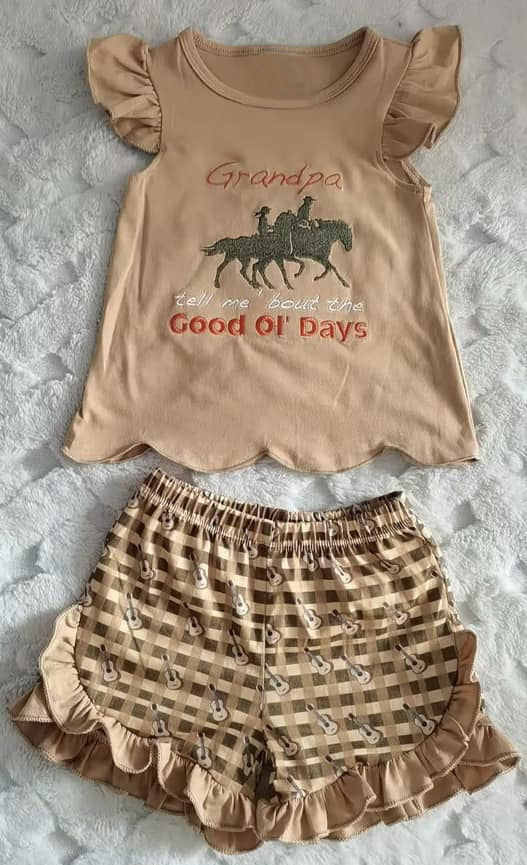 preorder GSSO2881 Western Rodeo Grandpa Flutter Sleeve Striped Shorts Girls Set