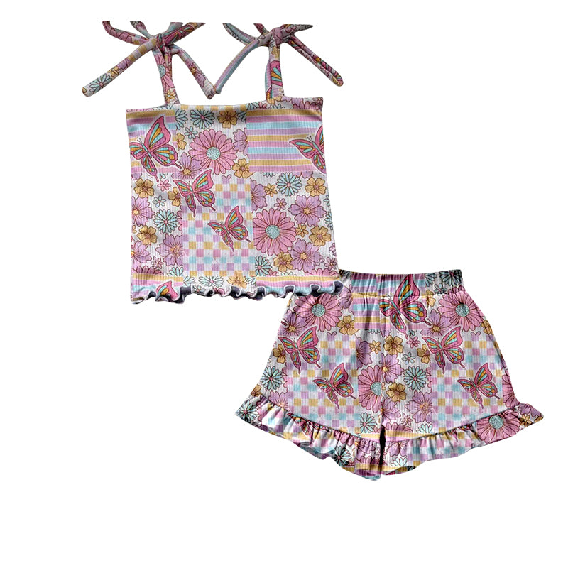 preorder GSSO2885 Butterfly FlowersTop Checkered Shorts Girls Set
