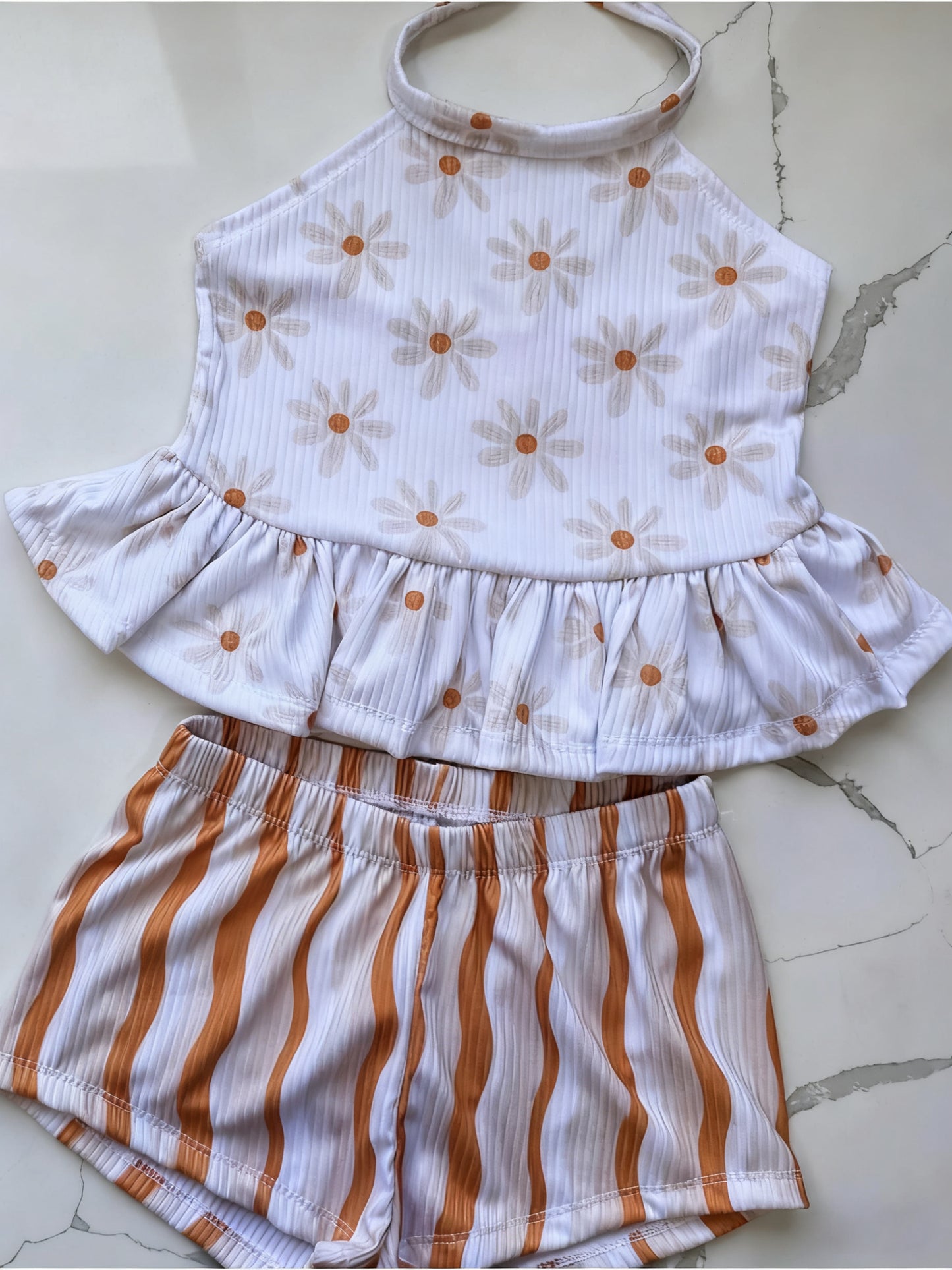 preorder GSSO2888 Flowers Top Khaki Striped Shorts Girls Set