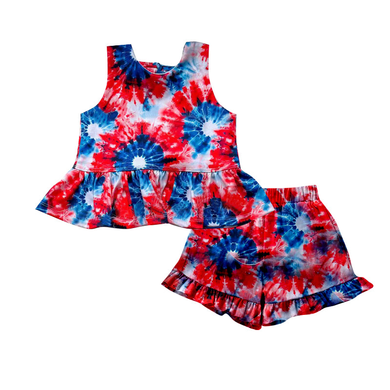 preorder GSSO2895 July 4th Red Blue Print Sleeveless Shorts Girls Set