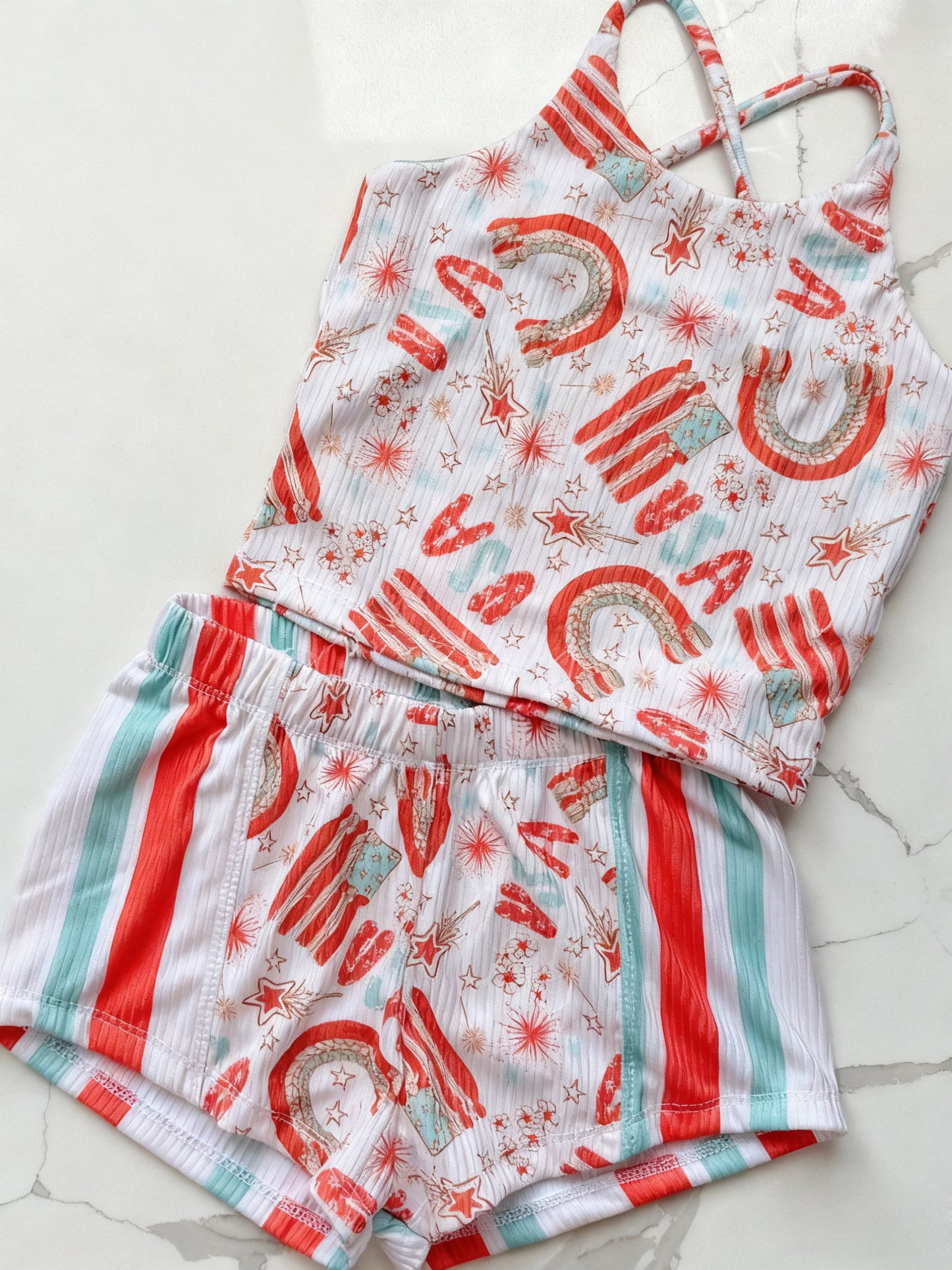 preorder GSSO2897 July 4th USA Flag Top Shorts Girls Set