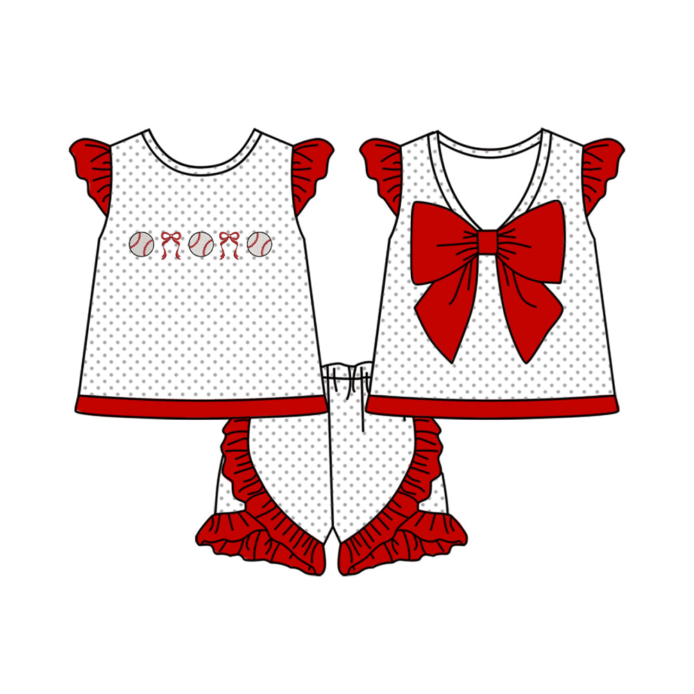 preorder GSSO2903 Baseball Bows Red Flutter Sleeve Shorts Girls Set