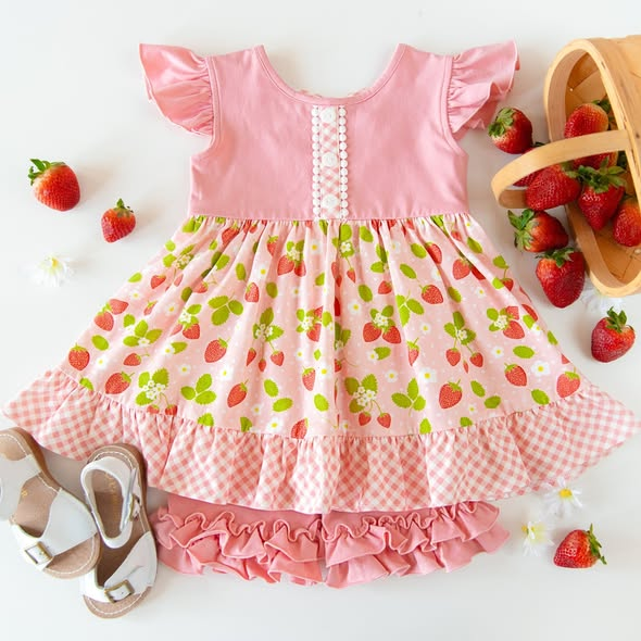 preorder GSSO2905 Cute Strawberry Flowers Flutter Sleeve Pink Shorts Girls Set