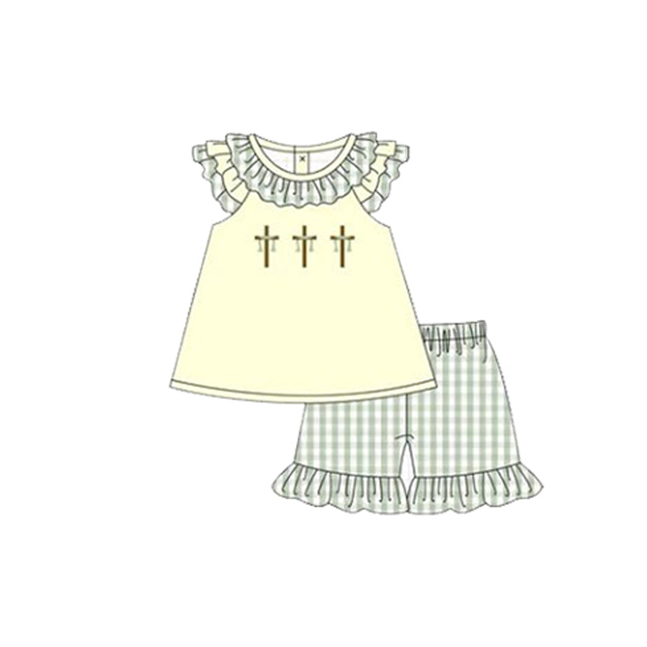 preorder GSSO2923 Easter Cross Flutter Sleeve Checkered Shorts Girls Set