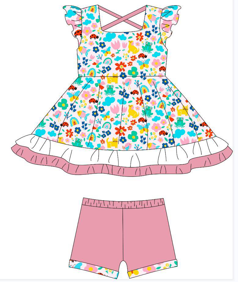 preorder GSSO2928 Flowers Floral Dog Flutter Sleeve Pink Shorts Girls Set
