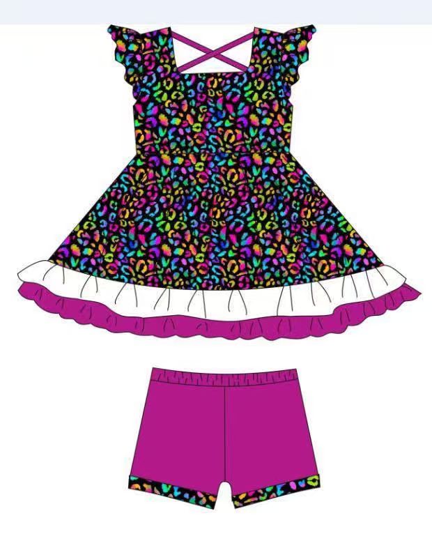 preorder GSSO2929 Leopard Flutter Sleeve Hot Pink Shorts Girls Set