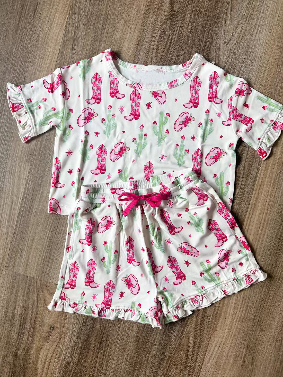 preorder GSSO2937 Western Boots Cactus Short Sleeve Shorts GIrls Set