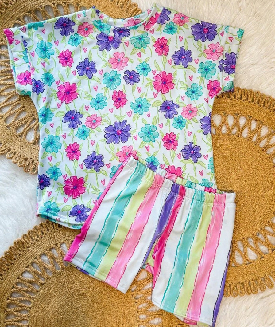 preorder GSSO2938 Colorful Flowers Short Sleeve Rainbow Striped Shorts GIrls Set
