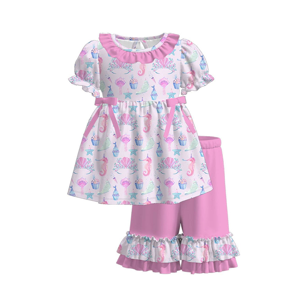 preorder GSSO2958 Seahorse Shell Star Short Sleeve Pink Pants Girls Set