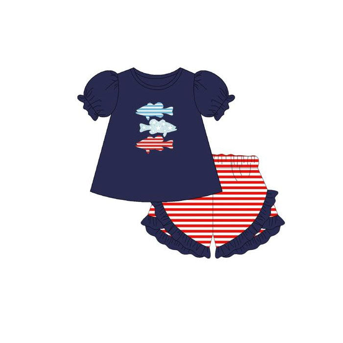preorder GSSO2968 Fishing Navy Blue Short Sleeve Red Striped Shorts Girls Set