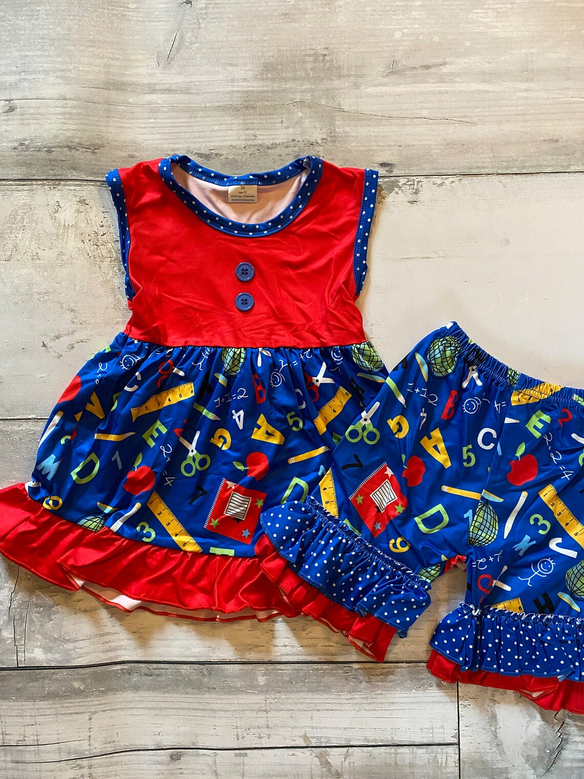 preorder GSSO2983 Back To School Apple Pen Blue Red Sleeveless Shorts Girls Set