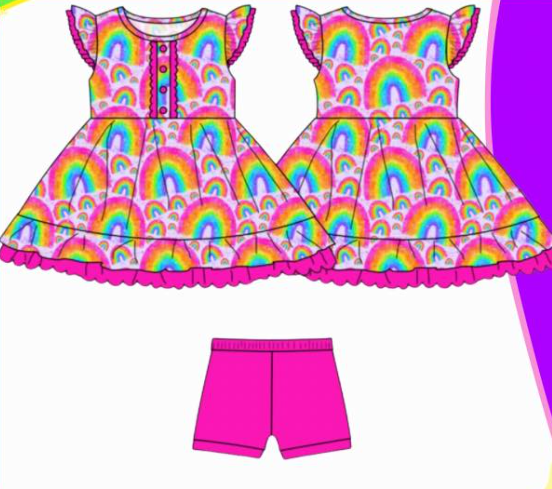 preorder GSSO2985 Rainbow Flutter Sleeve Hot Pink Shorts Girls Set