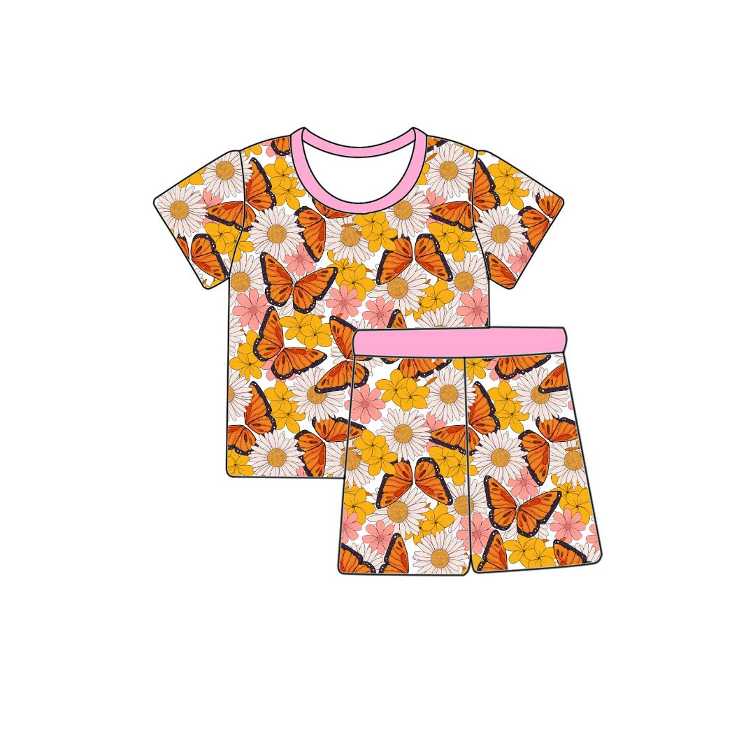 preorder GSSO2988 Orange Butterfly Flowers Short Sleeve Shorts Girls Set