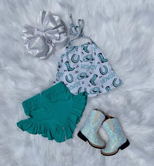 preorder GSSO2989 Western Howdy Boot Green Shorts Girls Set