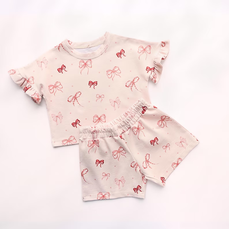 preorder GSSO2996 Pink Bows Short Sleeve Shorts Girls Set