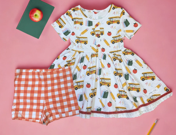 preorder GSSO3010 Back To School Pen Bus Short Sleeve Orange Checkered Shorts Girls Set