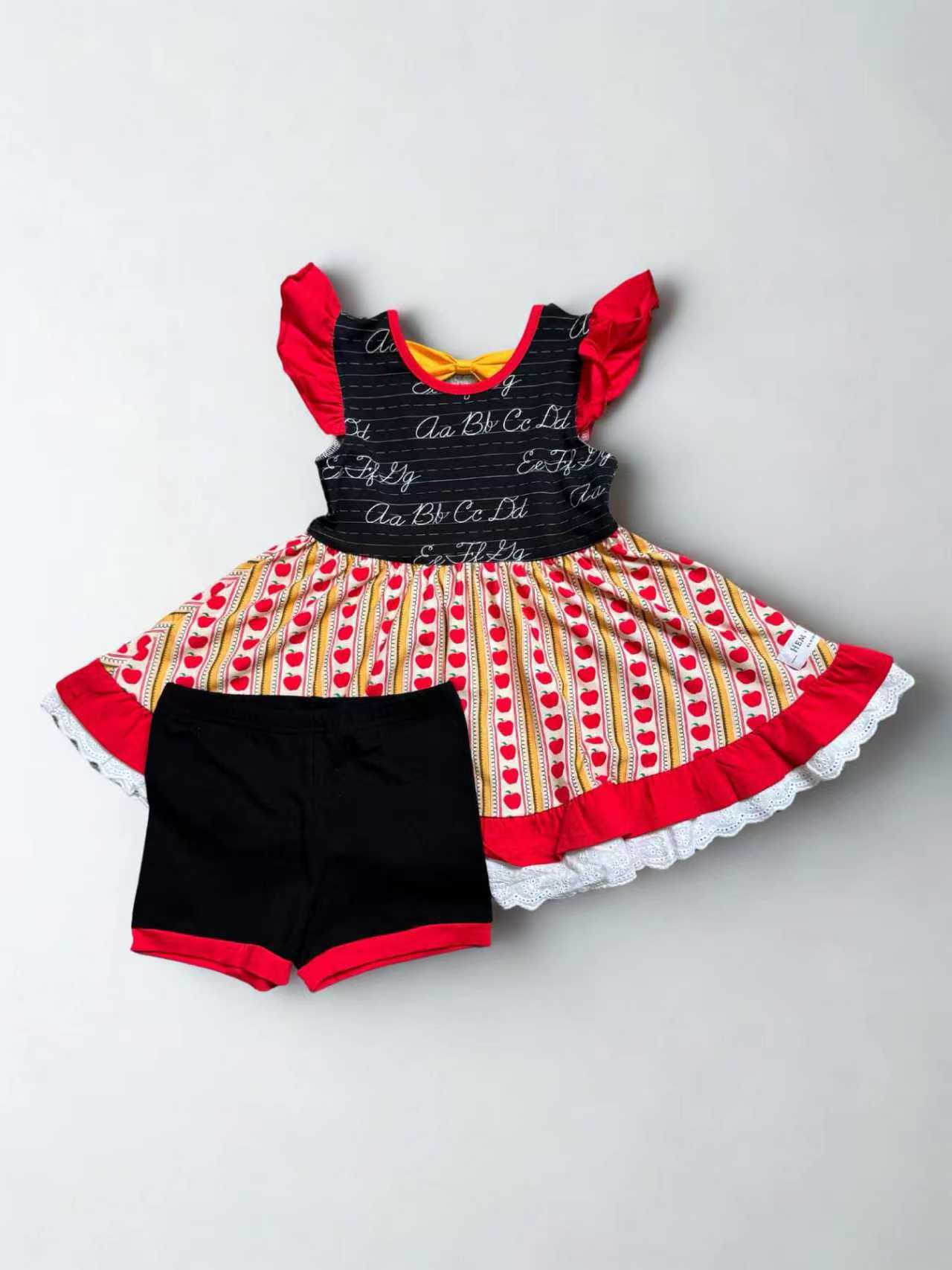 preorder GSSO3011 Back To School Apple Flutter Sleeve Black Shorts Girls Set