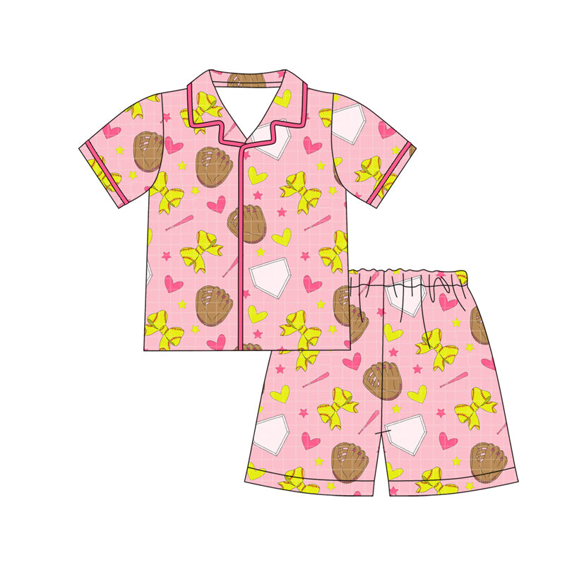 preorder GSSO3013 Baseball Bows Heart Pink Short Sleeve Shorts Girls Pajamas