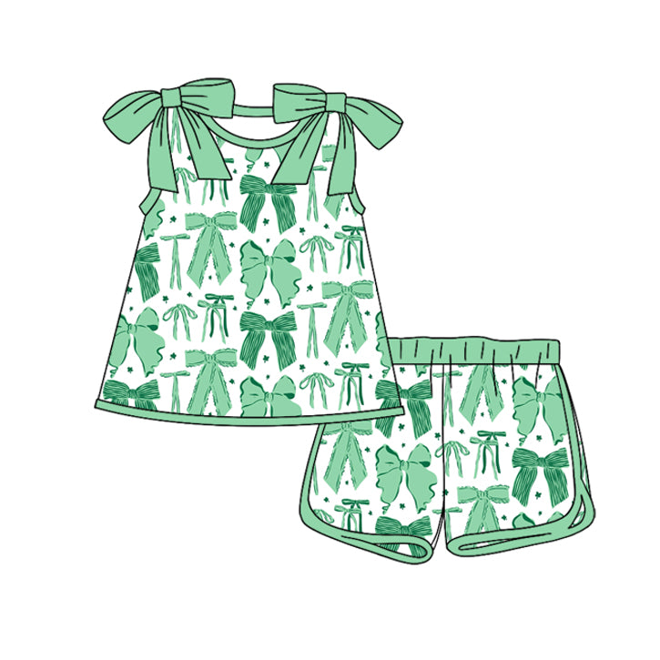 preorder GSSO3028 St Patrick Green Bows Sleeveless Shorts Girls Set