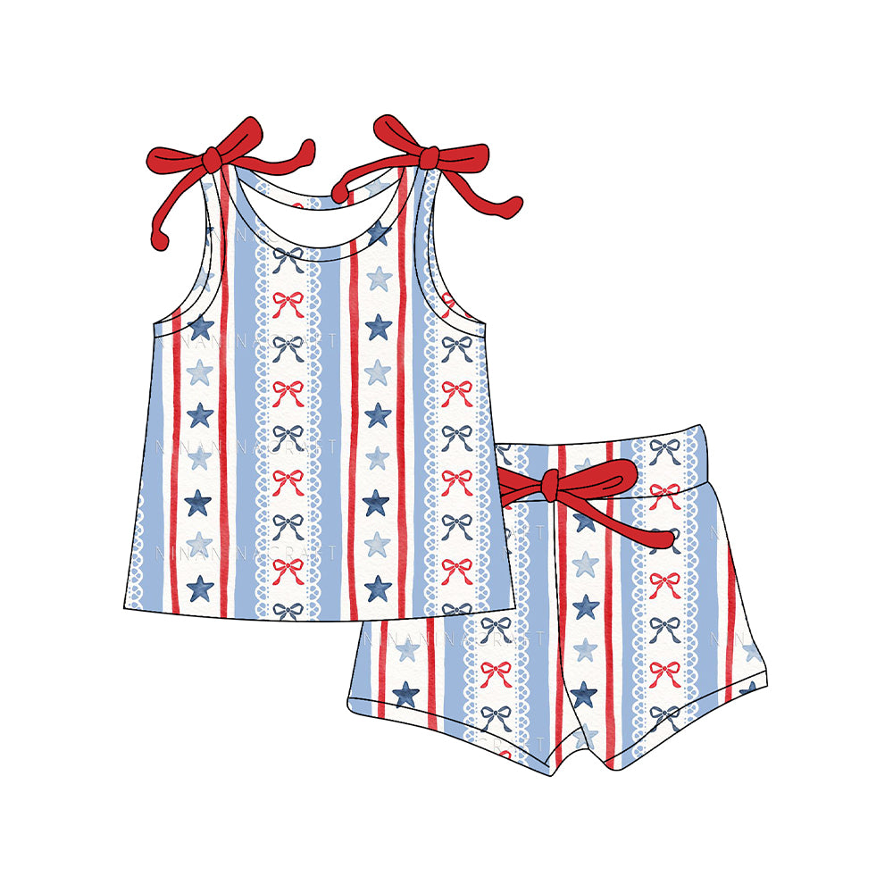 preorder GSSO3038 July 4th Bows Star Blue Sleeveless Shorts Girls Set