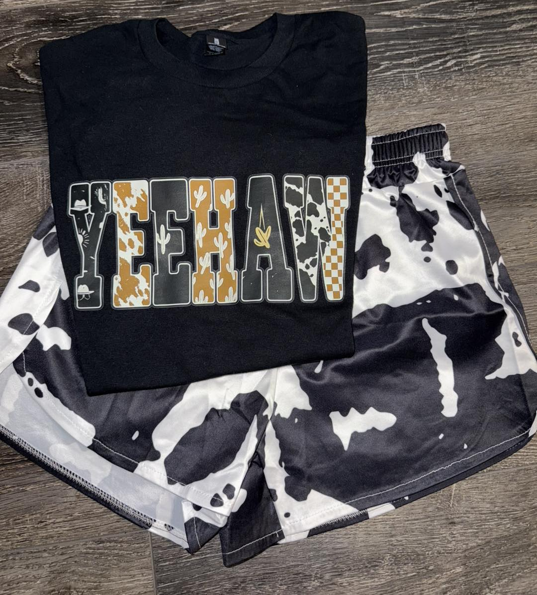 preorder GSSO3040 Western Yee Haw Black Short Sleeve Cow Print Shorts Adult Women Set