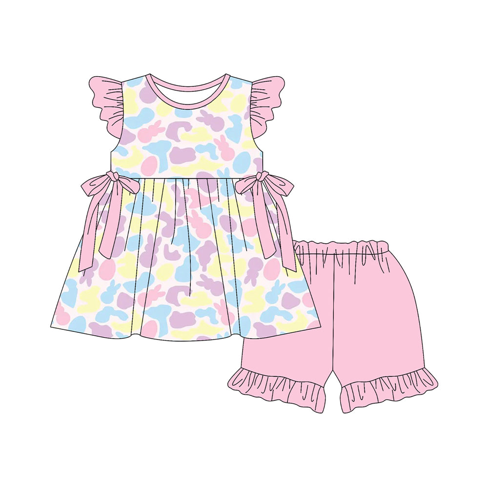 preorder GSSO3053 Easter Rabbit Camo Flutter Sleeve Pink Shorts Girls Set
