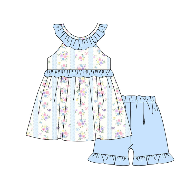 preorder GSSO3076 Blue Flowers Top Blue Shorts Girls Set